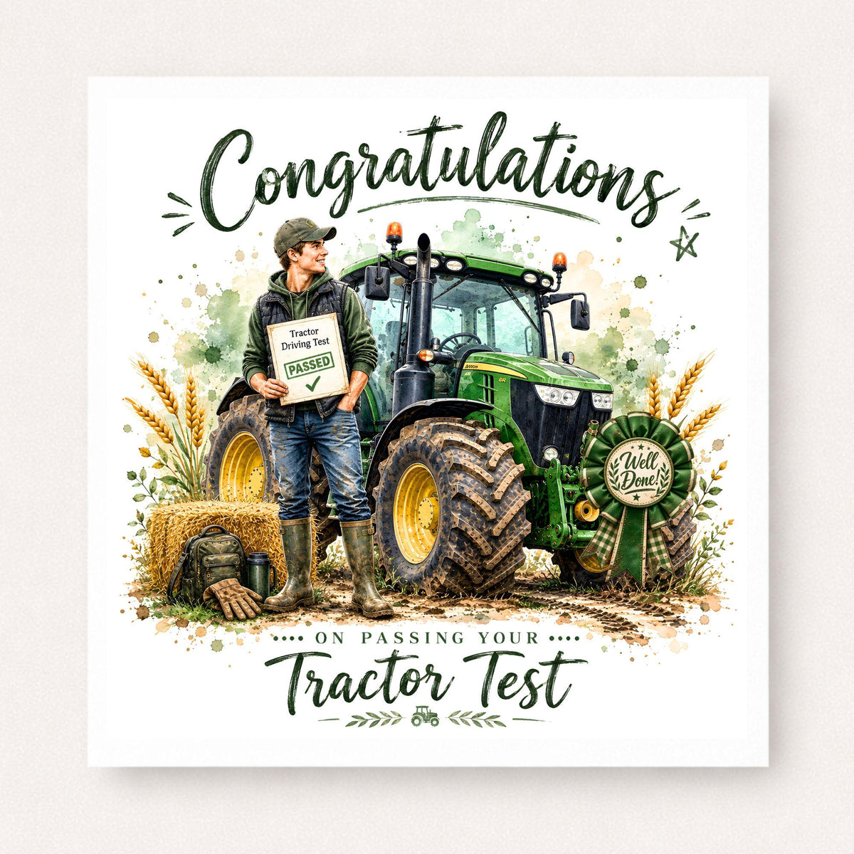Congratulations card featuring a young farmer standing beside a green tractor while holding a certificate showing they have passed their tractor driving test, with a celebratory rosette and countryside details.