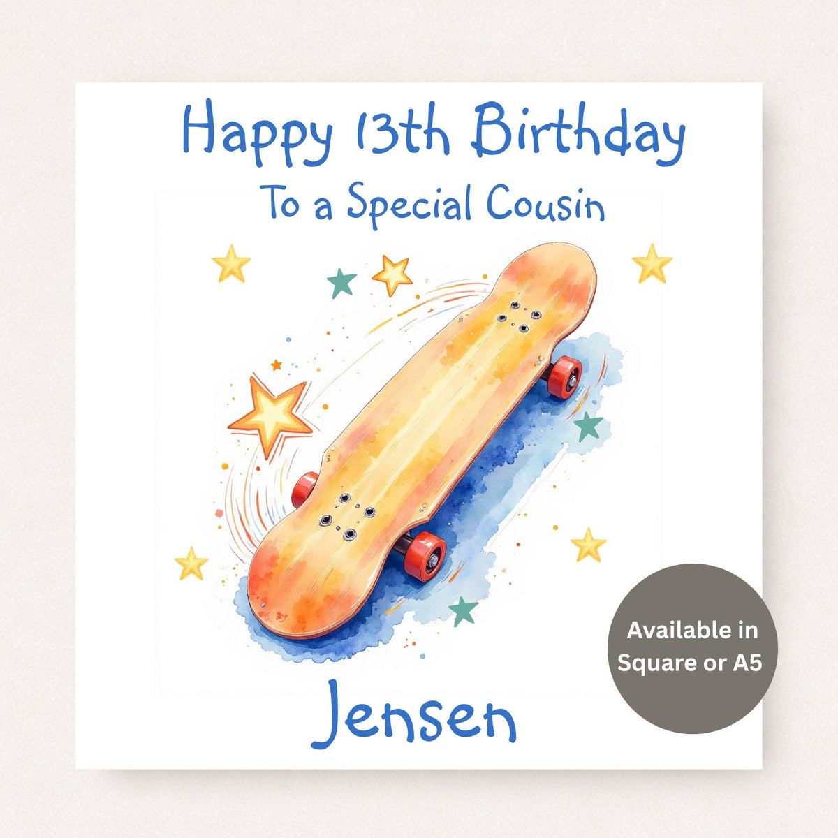 Personalised 13th birthday card for cousin featuring a colourful orange skateboard illustration with stars, customised with name and available in square or A5.