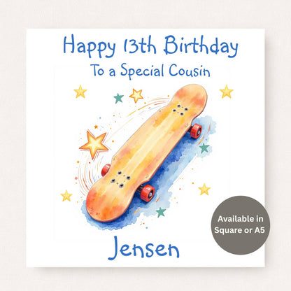 Personalised 13th birthday card for cousin featuring a colourful orange skateboard illustration with stars, customised with name and available in square or A5.