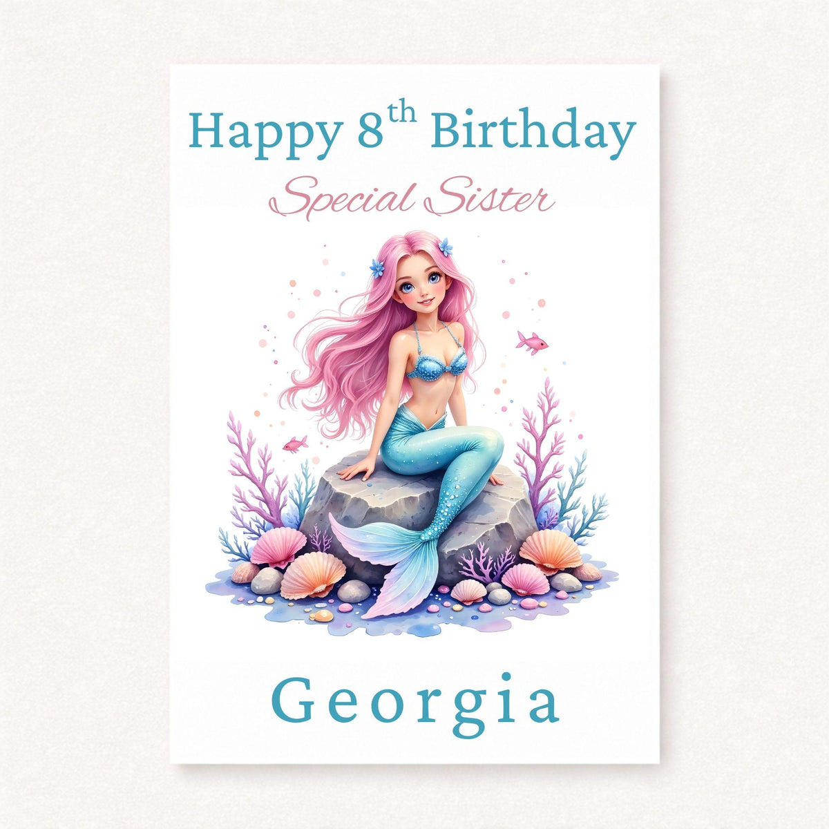 Personalised 8th Birthday Sister Card, Mermaid Birthday Card for Girl, Custom Name