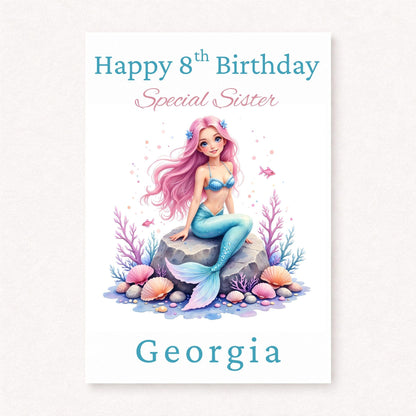 Personalised 8th Birthday Sister Card, Mermaid Birthday Card for Girl, Custom Name