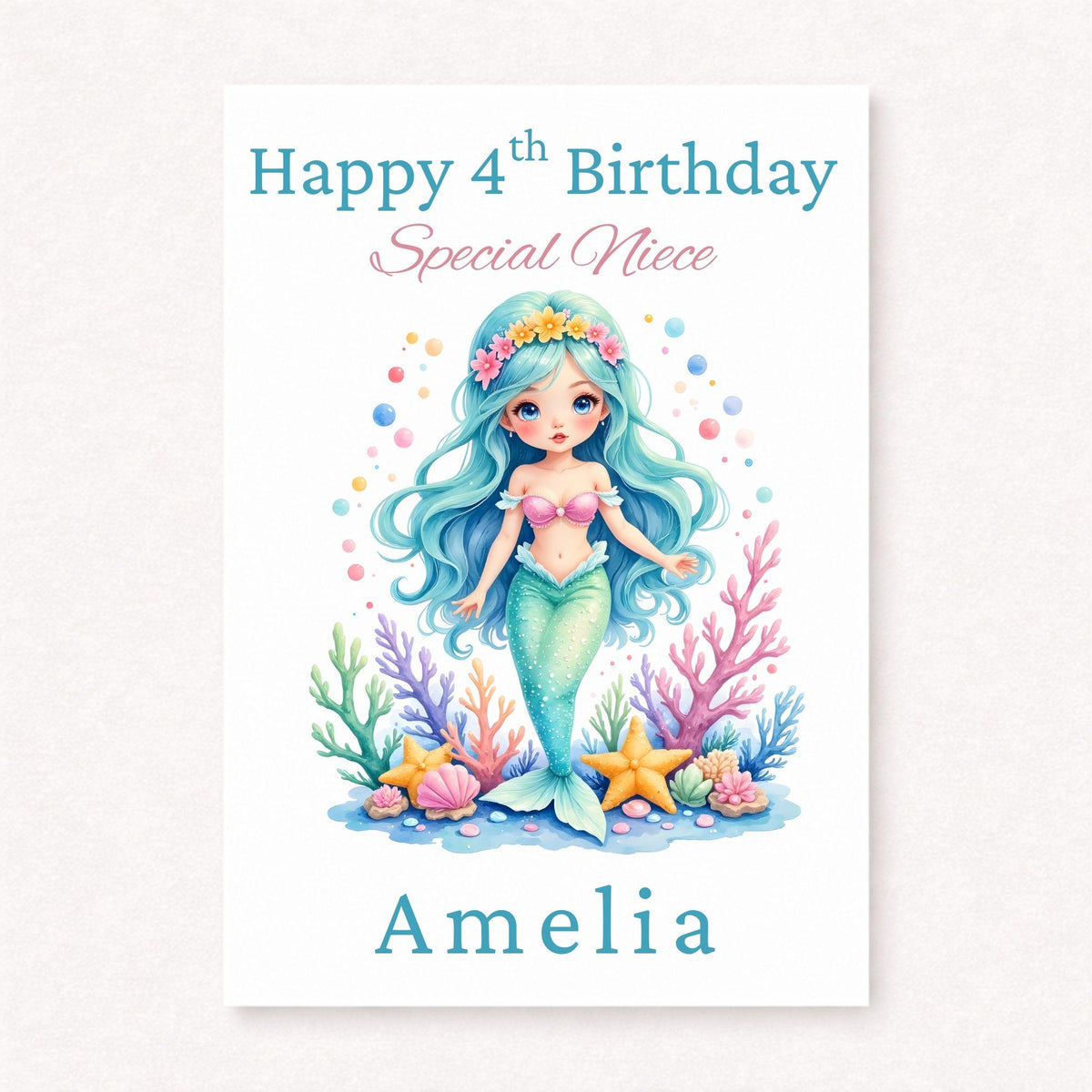 Personalised 4th Birthday Niece Card, Mermaid Birthday Card for Girl, Custom Name