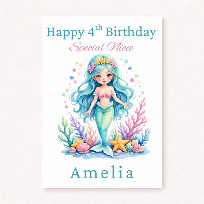 Personalised 4th Birthday Niece Card, Mermaid Birthday Card for Girl, Custom Name