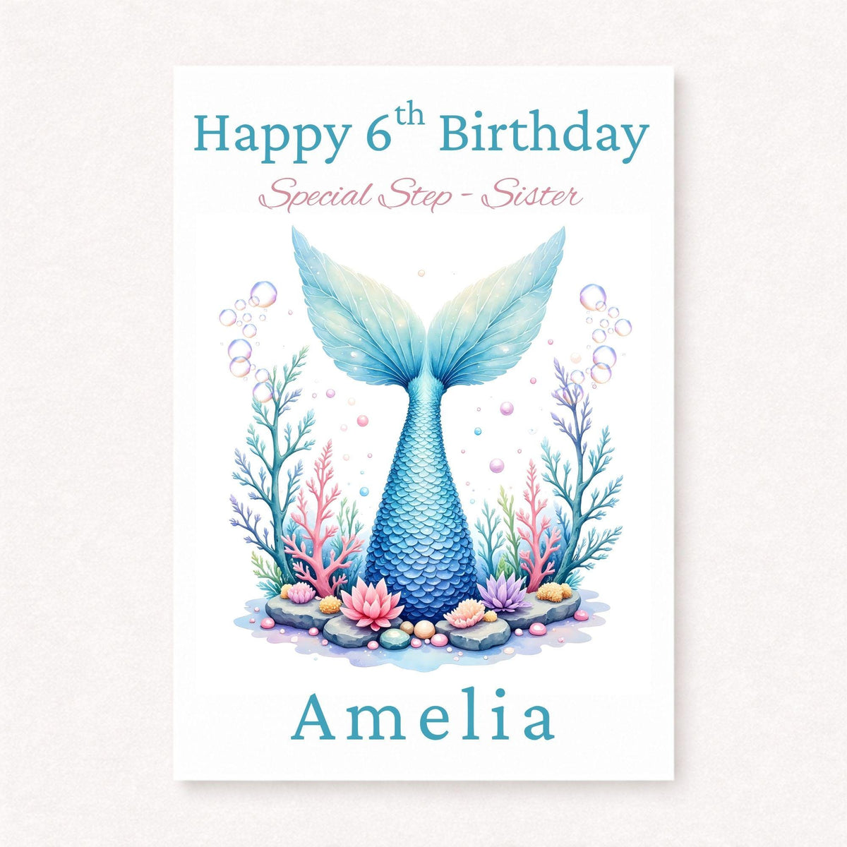 Personalised 6th Birthday Step Sister Card, Mermaid Birthday Card for Girl, Custom Name