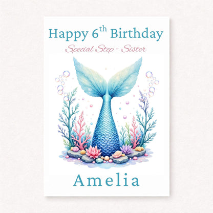 Personalised 6th Birthday Step Sister Card, Mermaid Birthday Card for Girl, Custom Name