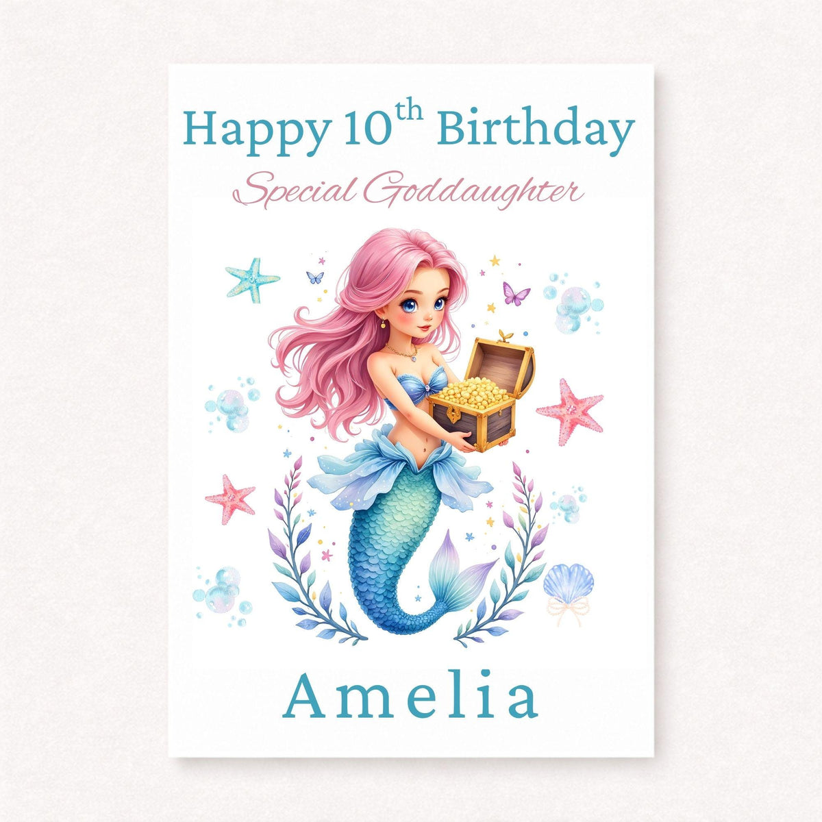 Personalised 10th Birthday Goddaughter Card, Mermaid Birthday Card for Girl, Custom Name