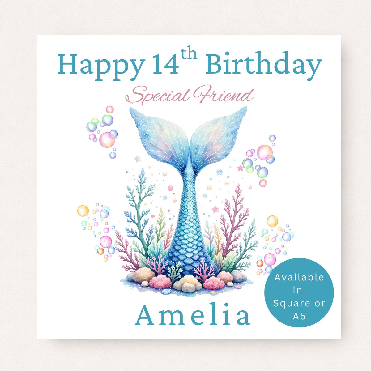Personalised 14th birthday mermaid card for friend featuring a colourful blue mermaid tail surrounded by pastel coral and bubbles, customised with name.