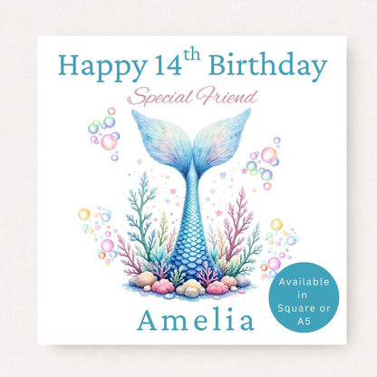 Personalised 14th birthday mermaid card for friend featuring a colourful blue mermaid tail surrounded by pastel coral and bubbles, customised with name.