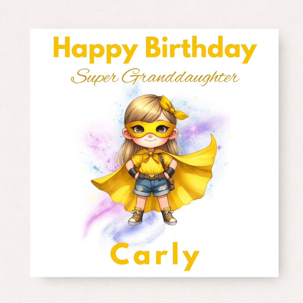 Personalised girls birthday card featuring a cute yellow capped hero character, with Super Granddaughter wording and a custom name, ideal for granddaughter, daughter, niece or sister birthdays.