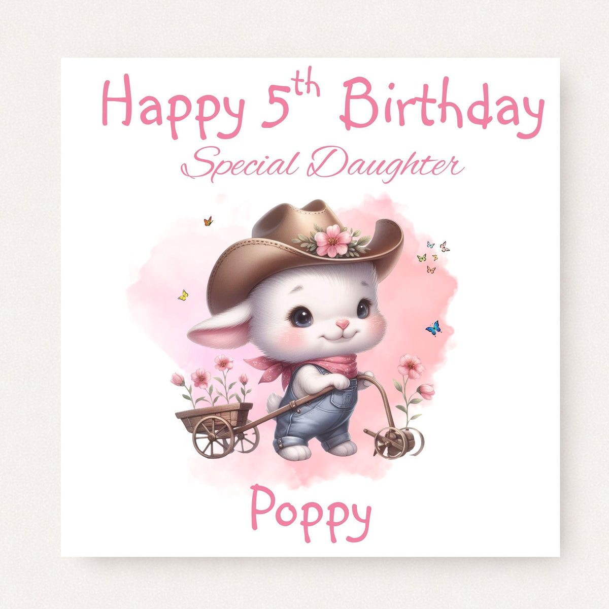 Personalised 5th birthday card for a daughter featuring a cute farm lamb dressed as a cowgirl in a cowboy hat, with pink floral details and personalised name Poppy.