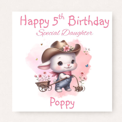 Personalised 5th birthday card for a daughter featuring a cute farm lamb dressed as a cowgirl in a cowboy hat, with pink floral details and personalised name Poppy.