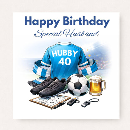 Personalised football birthday card for husband featuring a custom football shirt with name and age, football boots, scarf, ball and match day accessories.