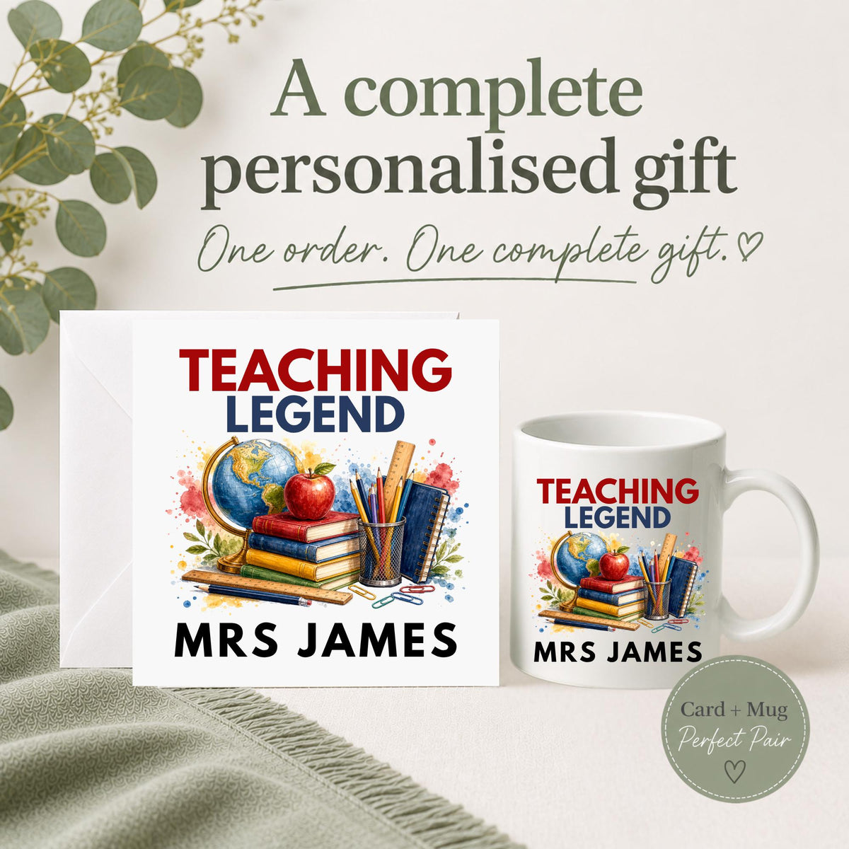 Personalised Teaching Legend card and mug gift set featuring colourful books, globe, apple and stationery with a custom teacher name.