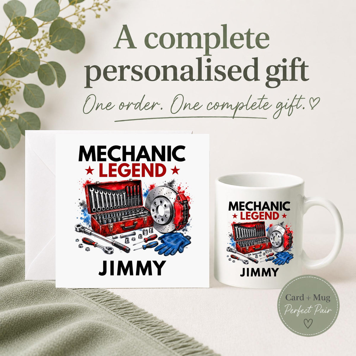 Personalised Mechanic Legend card and mug gift set featuring a red tool box, tools, brake disc and custom name.