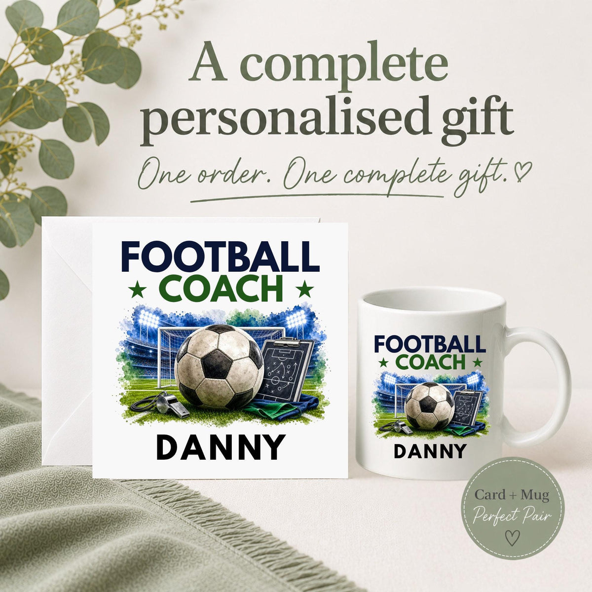 Personalised Football Coach card and mug gift set featuring a football, goal, tactics board, whistle and custom coach name.