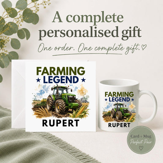 Personalised Farming Legend card and mug gift set featuring a green tractor, wheat and crops with a custom farmer name.