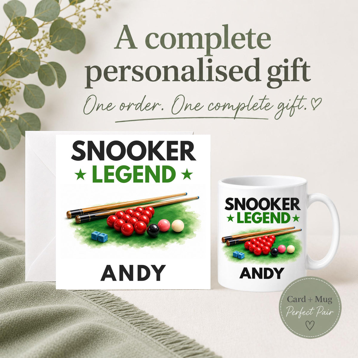 Personalised Snooker Legend card and mug gift set featuring snooker cues, red and coloured balls and chalk with a custom name.