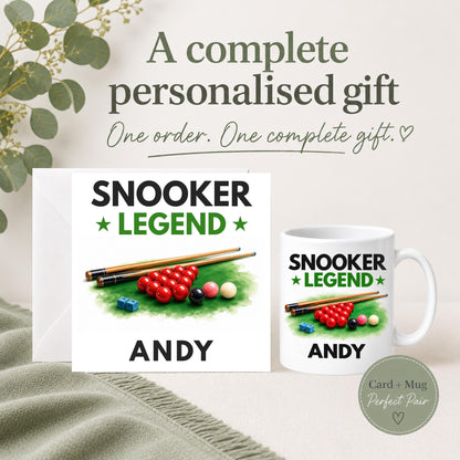 Personalised Snooker Legend card and mug gift set featuring snooker cues, red and coloured balls and chalk with a custom name.