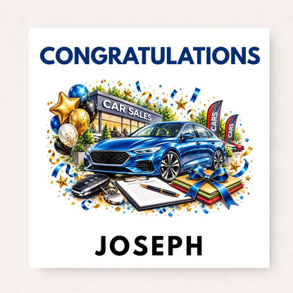 Personalised congratulations card for car sales staff featuring a blue car, dealership, balloons, keys, sales clipboard and custom name.