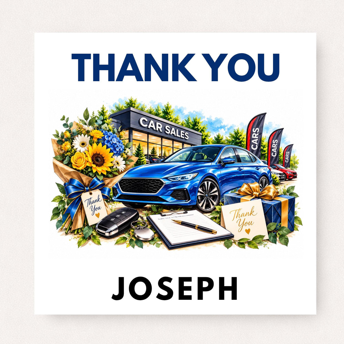 Personalised car sales thank you card featuring a blue car, dealership, flowers, car keys, gift and custom name.