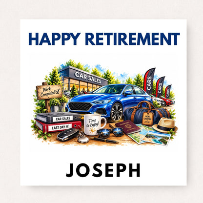 Personalised car sales retirement card featuring a blue car, dealership, travel bag, passport, sunglasses, car keys and custom name.