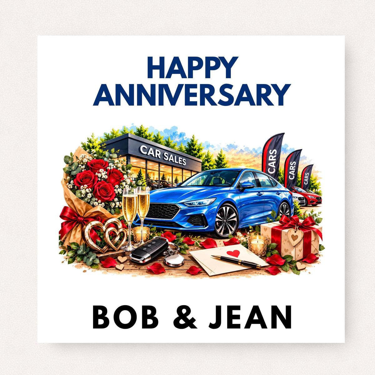 Personalised car sales anniversary card featuring a blue car, dealership, red roses, champagne, hearts, gift and custom couple names.