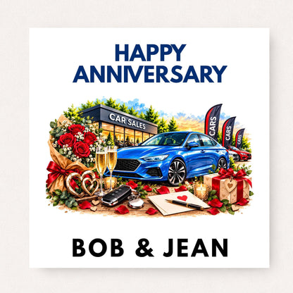 Personalised car sales anniversary card featuring a blue car, dealership, red roses, champagne, hearts, gift and custom couple names.