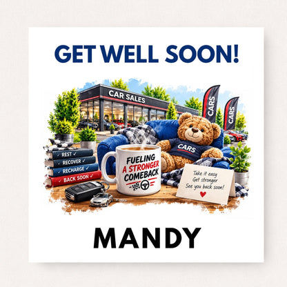 Personalised get well soon card for car sales staff featuring a dealership, teddy bear, recovery books, car keys and custom name.