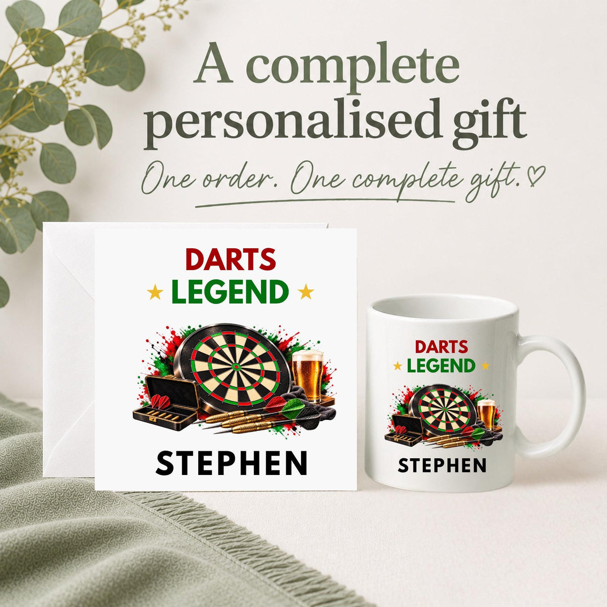 Personalised Darts Legend gift set with matching 6x6 card and 11oz mug featuring a dartboard, darts and pub-inspired design, personalised with the recipient’s name.