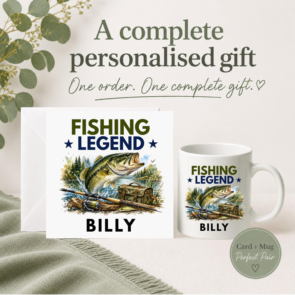 Personalised Fishing Legend card and mug gift set featuring a fish, fishing rod, reel and tackle bag with a custom name.