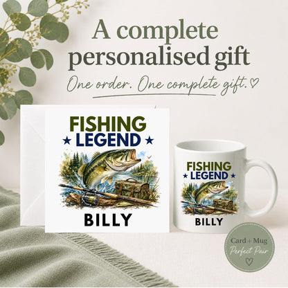 Personalised Fishing Legend card and mug gift set featuring a fish, fishing rod, reel and tackle bag with a custom name.