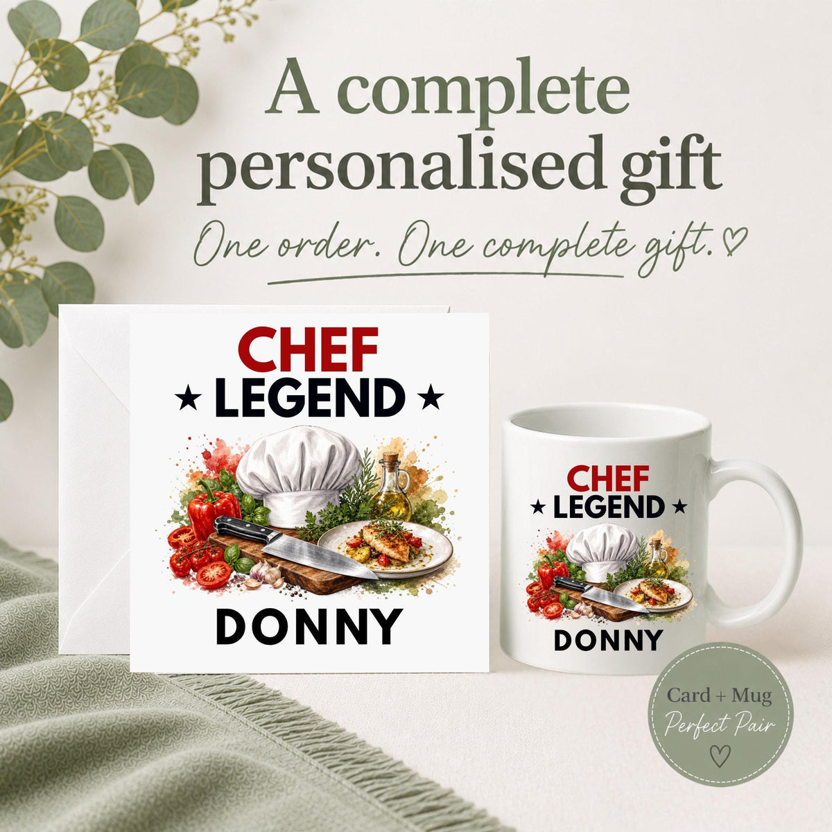 Personalised Chef Legend card and mug gift set featuring a chef hat, kitchen knife, fresh ingredients and plated food with a custom name.