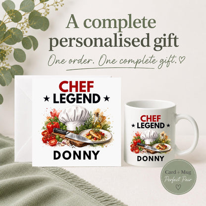 Personalised Chef Legend card and mug gift set featuring a chef hat, kitchen knife, fresh ingredients and plated food with a custom name.