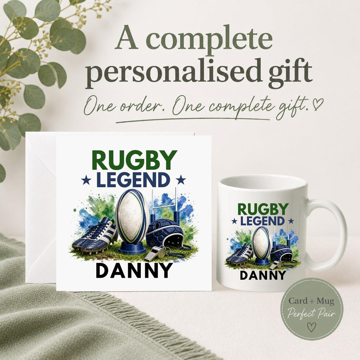 Personalised Rugby Legend card and mug gift set featuring a rugby ball, boots, scrum cap, goal posts and whistle with a custom name.