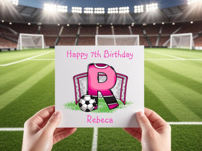 Personalised Girls Football Birthday Card for Daughter Granddaughter Sister Niece, Custom Name and Initial Football Card