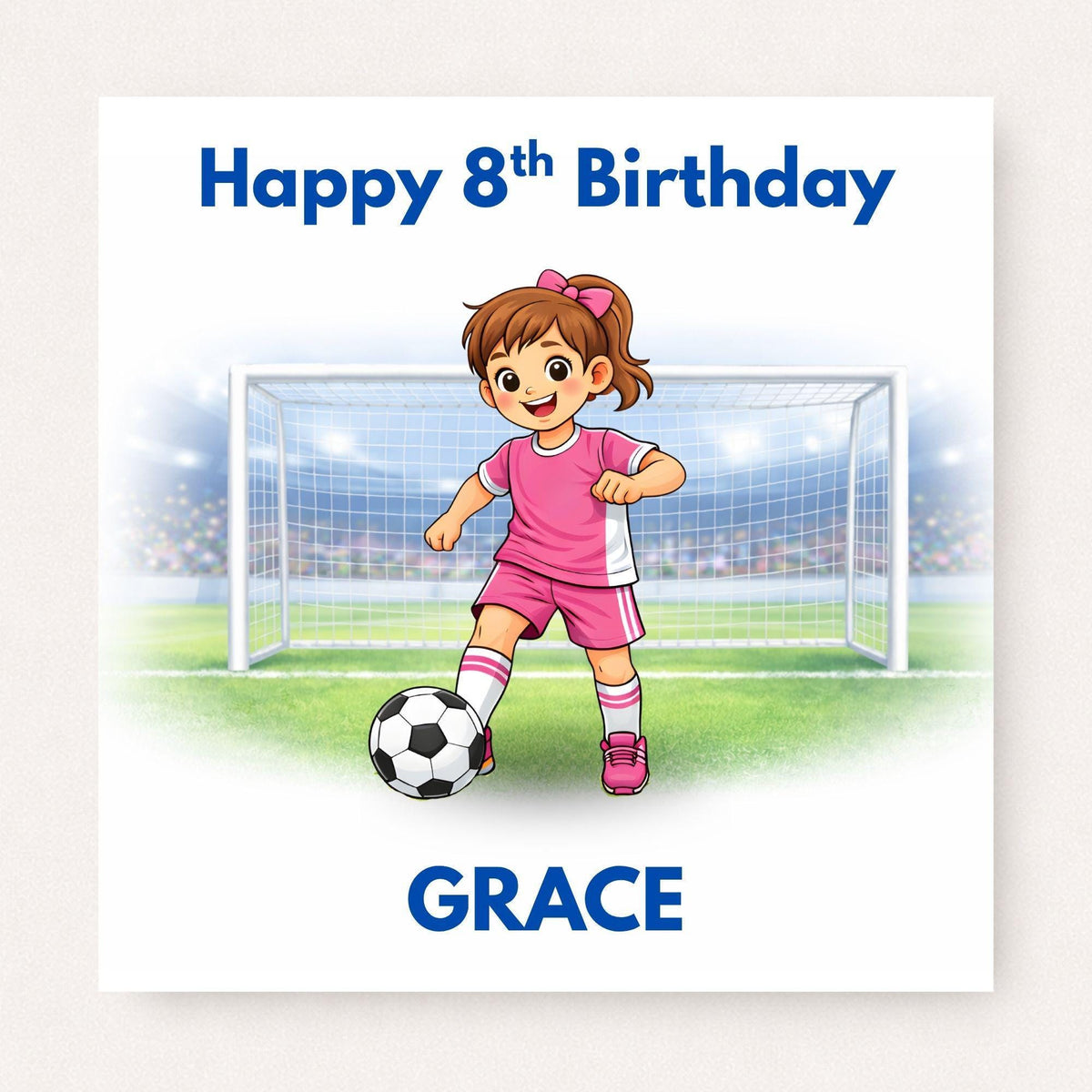 Personalised Girls Football Birthday Card Ages 5–16 – Custom Name and Age Footballer Card