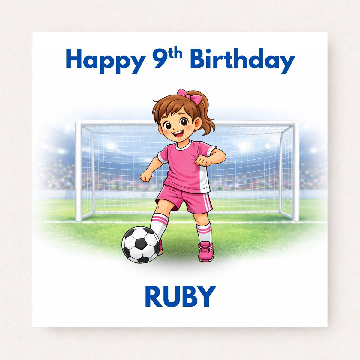 Personalised Girls Football Birthday Card Ages 5–16 – Custom Name and Age Footballer Card