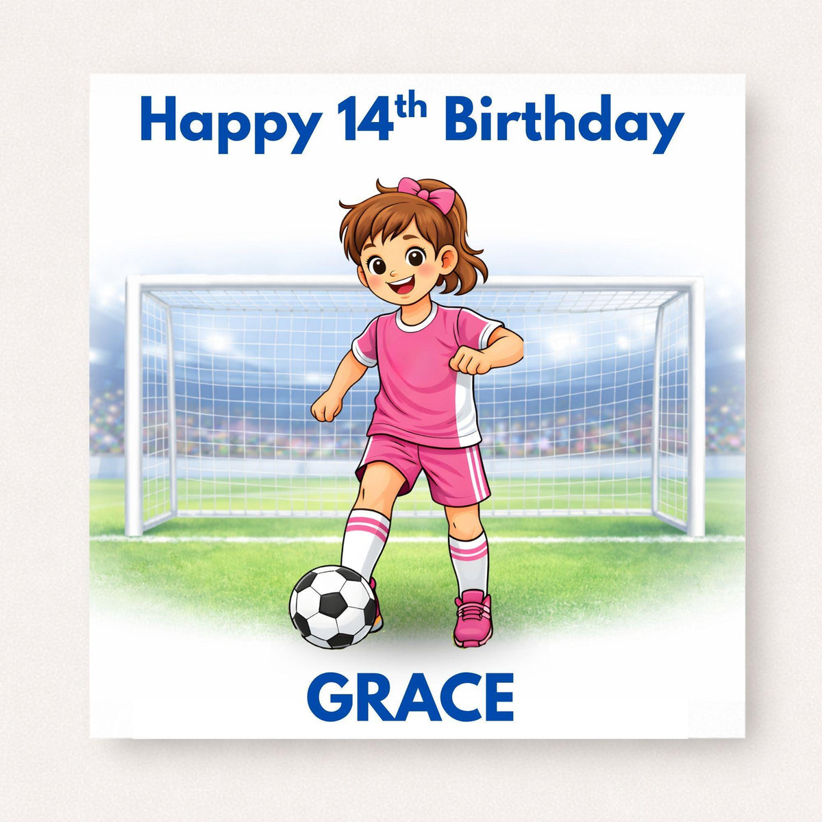 Personalised Girls Football Birthday Card Ages 5–16 – Custom Name and Age Footballer Card