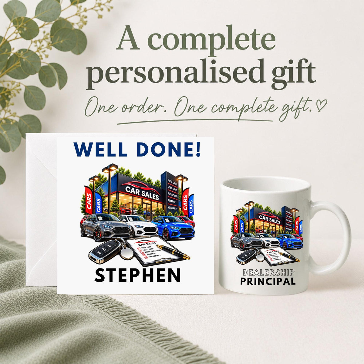 Personalised well done car sales gift set with custom name card and 11oz mug featuring a car dealership, cars, keys and personalised job role.
