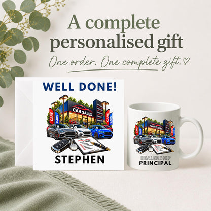 Personalised well done car sales gift set with custom name card and 11oz mug featuring a car dealership, cars, keys and personalised job role.