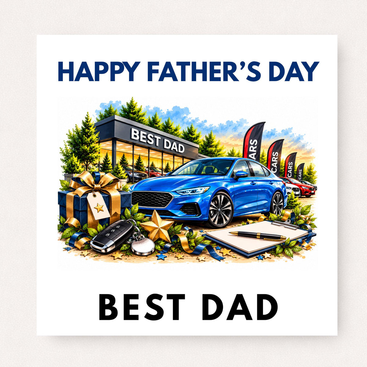 Personalised Father’s Day card for a car sales dad featuring a blue car, dealership, car keys and Best Dad design with custom wording.