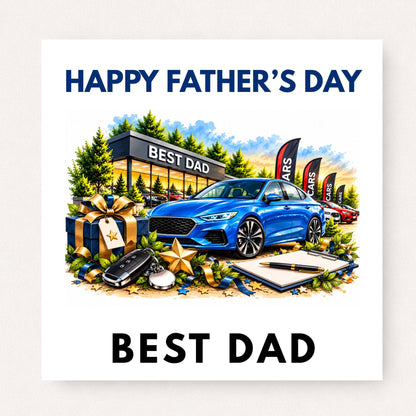 Personalised Father’s Day card for a car sales dad featuring a blue car, dealership, car keys and Best Dad design with custom wording.