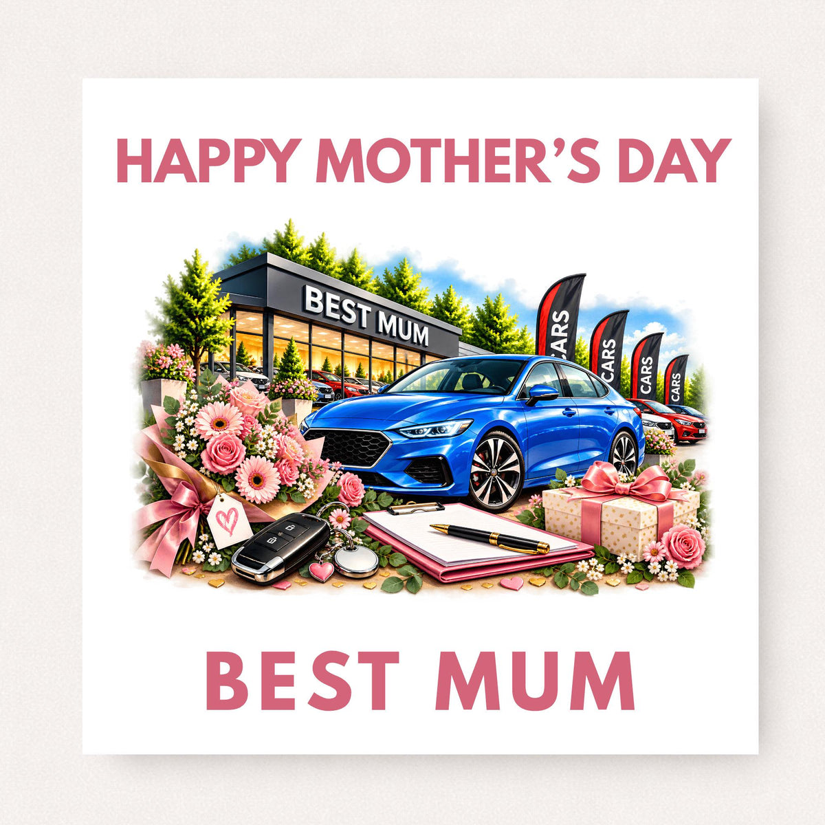 Personalised Mother’s Day card for a car sales mum featuring a blue car, dealership, pink flowers, car keys and Best Mum design.