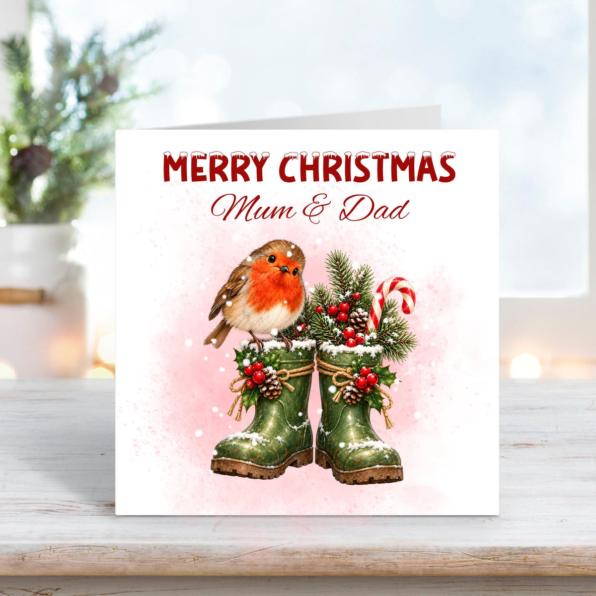 Merry Christmas Mum and Dad greeting card featuring a cute red-breasted robin perched on snowy green wellington boots filled with festive pine branches, holly berries, pinecones and a red and white candy cane. Soft pink watercolour background with falling snow.