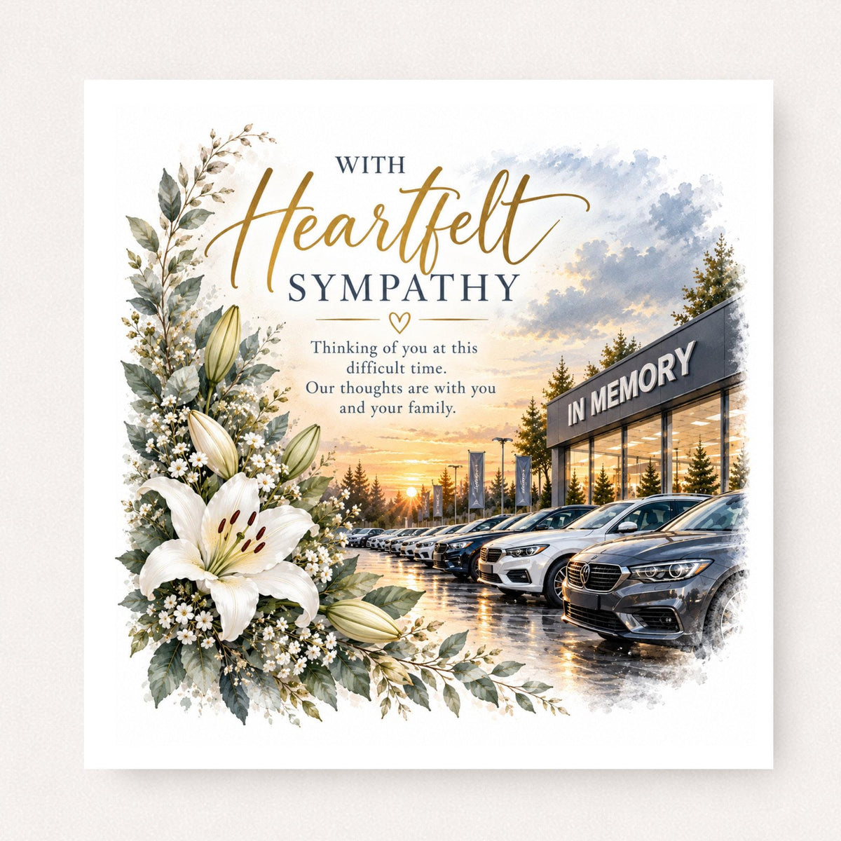 Car sales sympathy card featuring white lilies, a peaceful sunset dealership scene and heartfelt condolence message for someone in the motor trade.
