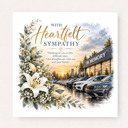 Car sales sympathy card featuring white lilies, a peaceful sunset dealership scene and heartfelt condolence message for someone in the motor trade.
