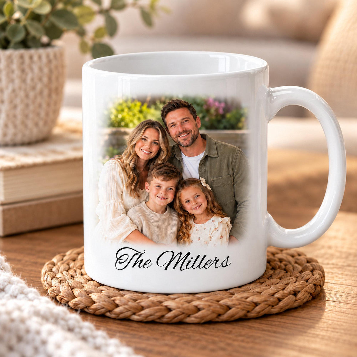 Personalised white ceramic photo mug featuring a smiling family of four, with their photograph softly faded into the white mug surface. Custom family name “The Millers” printed beneath the photograph in elegant black script lettering. Displayed on a woven coaster in a warm, cosy home setting.