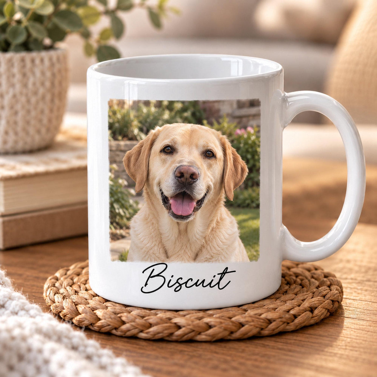 Personalised dog photo mug featuring a golden Labrador photograph in a classic straight-edged rectangular layout, with the pet's name Biscuit underneath on a white ceramic mug.