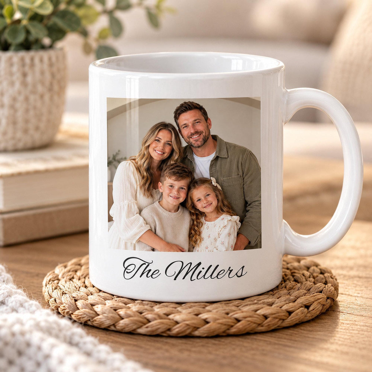Personalised white ceramic family photo mug featuring a rectangular family photograph with clean straight edges and the custom family name The Millers printed underneath in elegant black script.