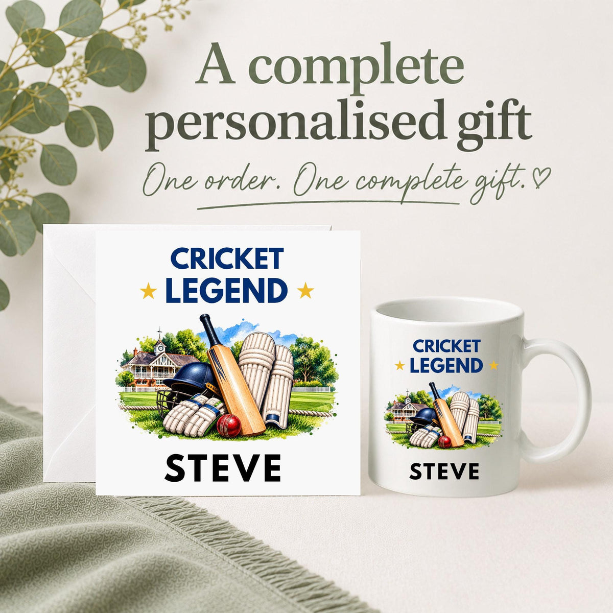 Personalised Cricket Legend gift set with matching 6x6 card and 11oz mug featuring cricket bat, ball, pads and pavilion, personalised with the recipient's name.